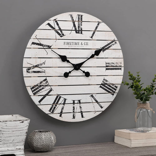 & Co. White Farmhouse Shiplap Wall Clock, Large Vintage Decor for Living Room, Home Office, Round, Wood, Boho, 18 Inches