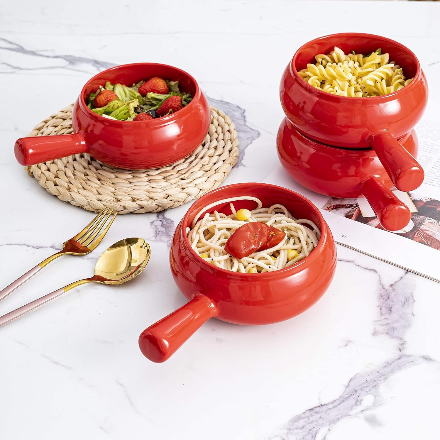 17 Oz round Soup Bowl with Handle Set of 4, 17 Ounce Small French Onion Soup Crocks in Red Color for Kitchen or Dinner Table Decoration