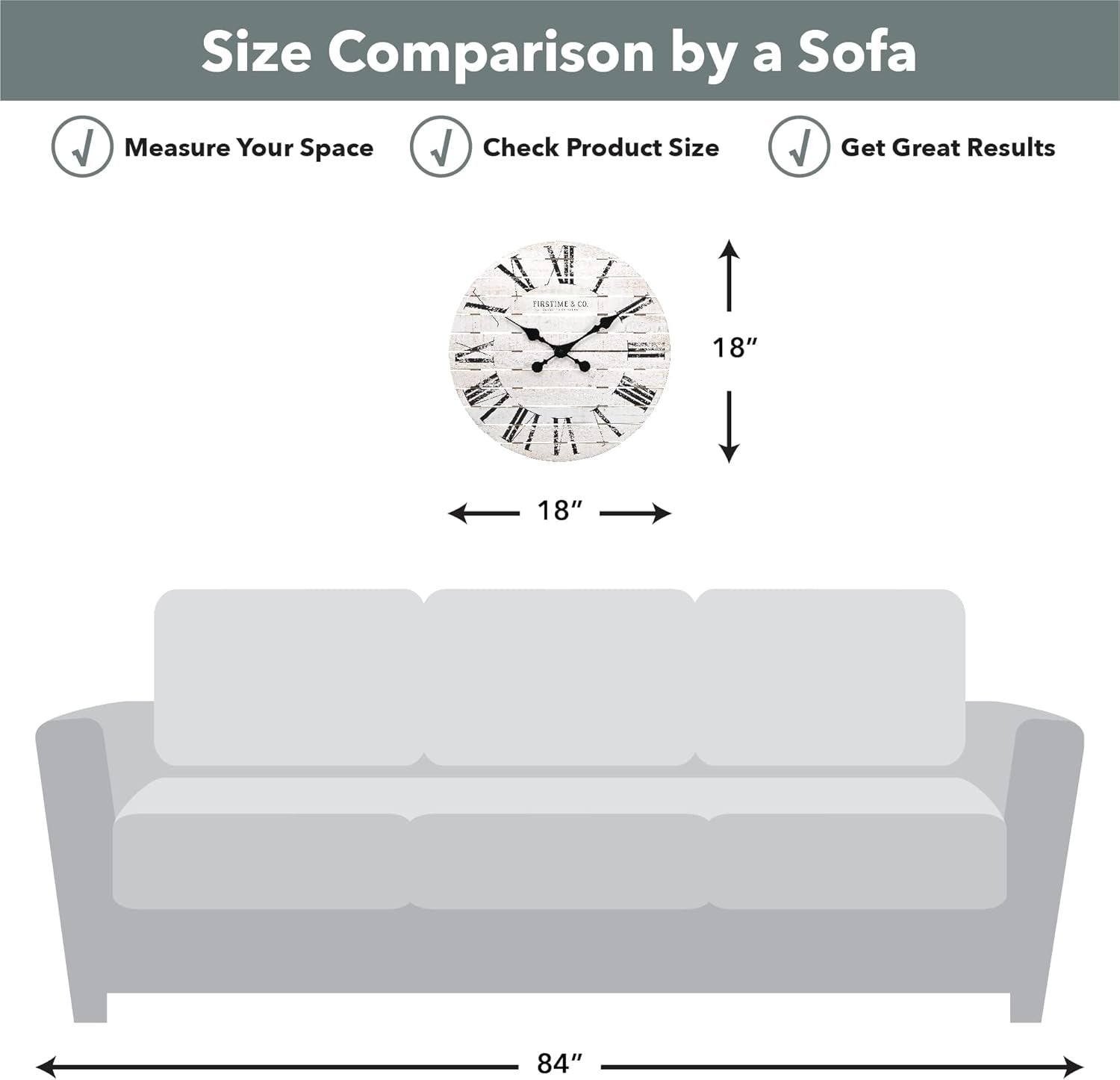 & Co. White Farmhouse Shiplap Wall Clock, Large Vintage Decor for Living Room, Home Office, Round, Wood, Boho, 18 Inches