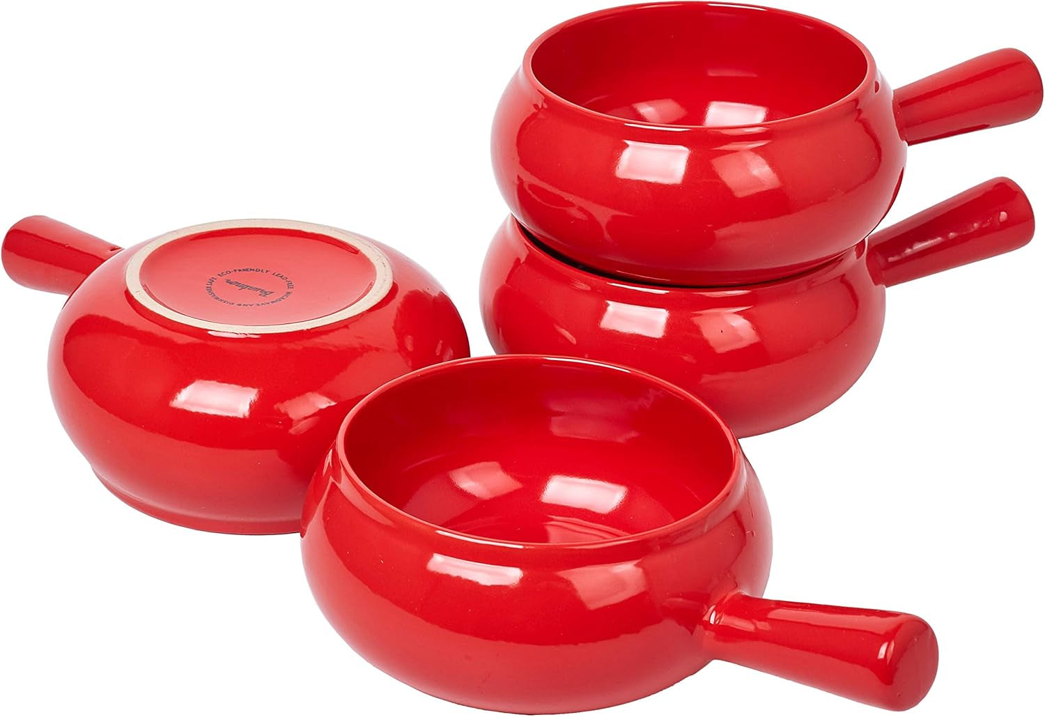 17 Oz round Soup Bowl with Handle Set of 4, 17 Ounce Small French Onion Soup Crocks in Red Color for Kitchen or Dinner Table Decoration