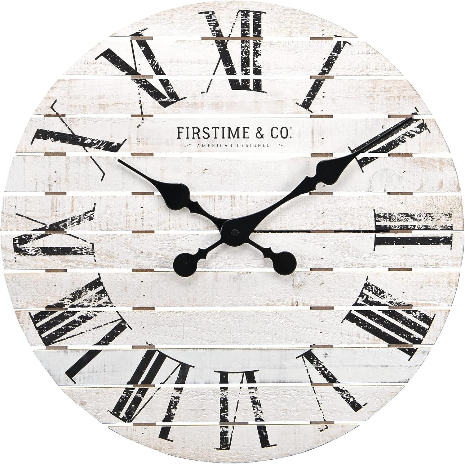 & Co. White Farmhouse Shiplap Wall Clock, Large Vintage Decor for Living Room, Home Office, Round, Wood, Boho, 18 Inches