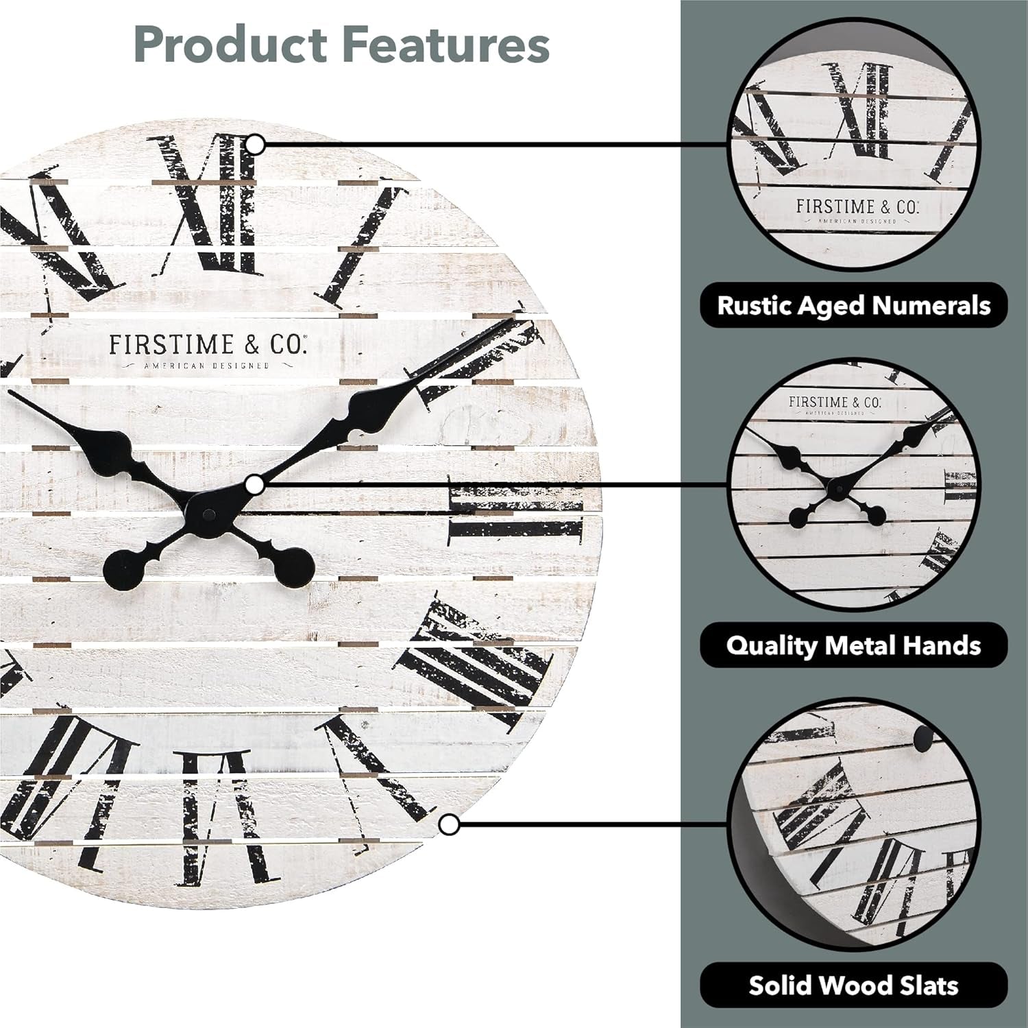 & Co. White Farmhouse Shiplap Wall Clock, Large Vintage Decor for Living Room, Home Office, Round, Wood, Boho, 18 Inches